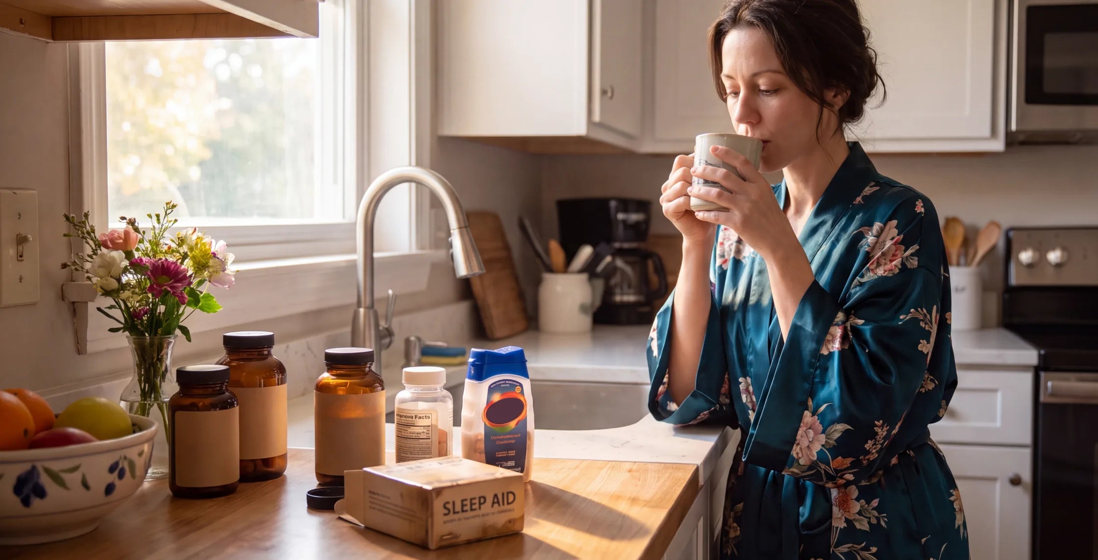 woman sipping tea beside sleep aid, digestive and pain relief bottles