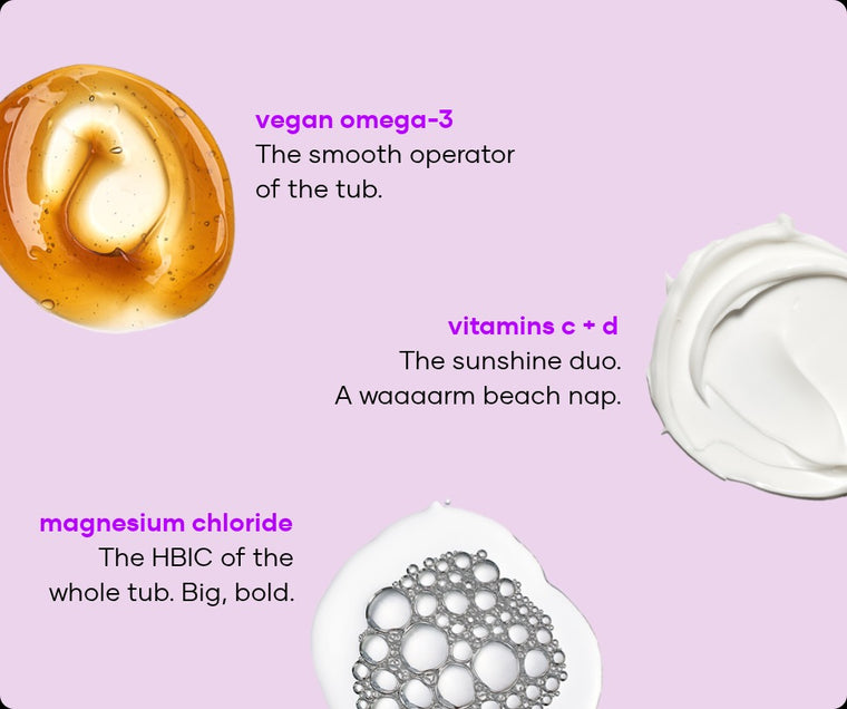 Ache Erasing soak ingredients: vegan omega-3, vitamins C and D and magnesium chloride