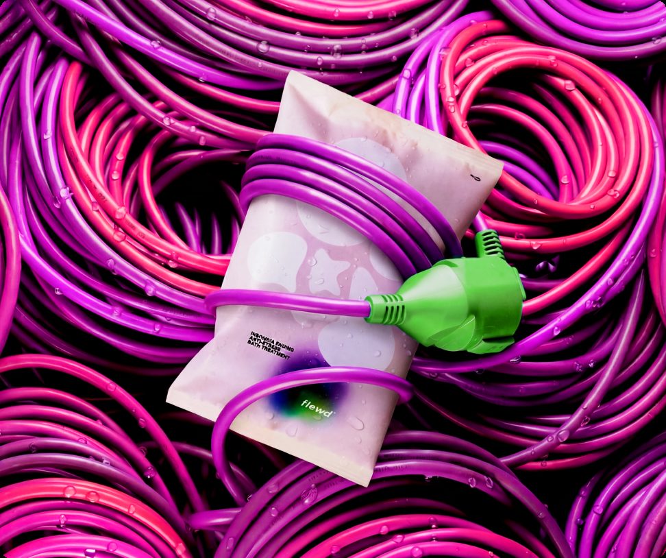 Flewd Insomnia Ending magnesium bath soak pouch wrapped in a purple cable with a green plug