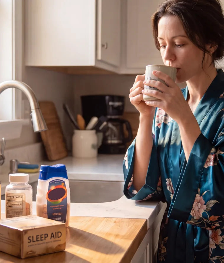 woman sipping tea beside sleep aid, digestive and pain relief bottles